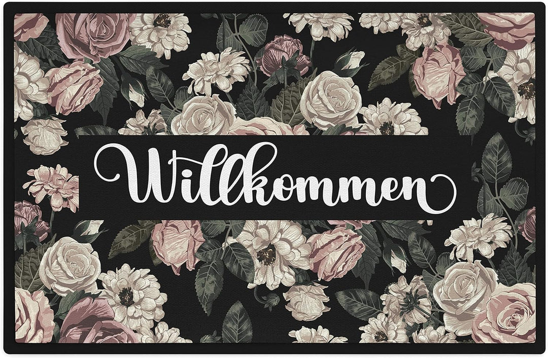 Trendation - Willkommen Blumen Grafik Fussmatte Geschenk Schöne Fussmatte Aussen und Innenbereich 60