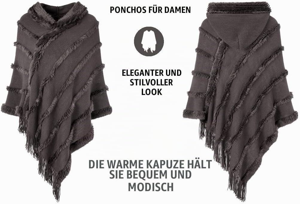 Ferand Poncho Damen mit Kapuze, Warmer Winterponcho, Gestreifte Cape Umhang mit Fransen Elegant, Gra
