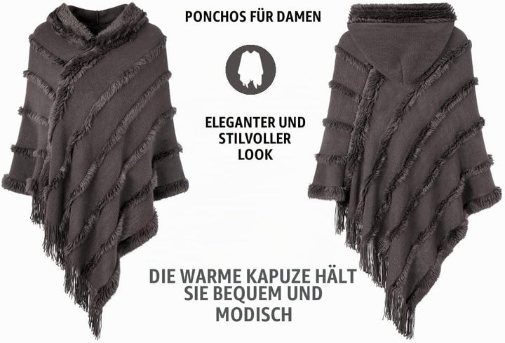 Ferand Poncho Damen mit Kapuze, Warmer Winterponcho, Gestreifte Cape Umhang mit Fransen Elegant, Gra
