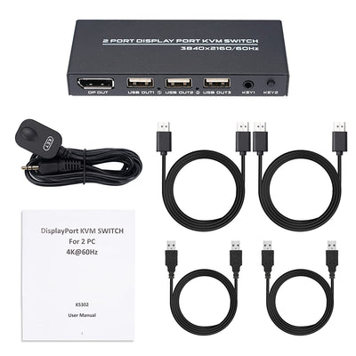 DP KVM Switch 2 Porte 4K @ 60Hz, DisplayPort USB KVM Umschalterfür für UHD Monitor Tastatur und Maus