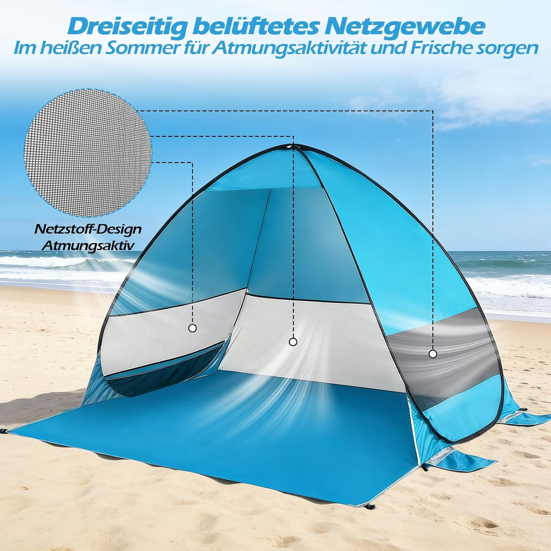 W&amp;H Strandmuschel Pop Up,UV Schutz 50+,Strandzelt für 2-3 Personen inkl. Tragetasche und Heringe,200
