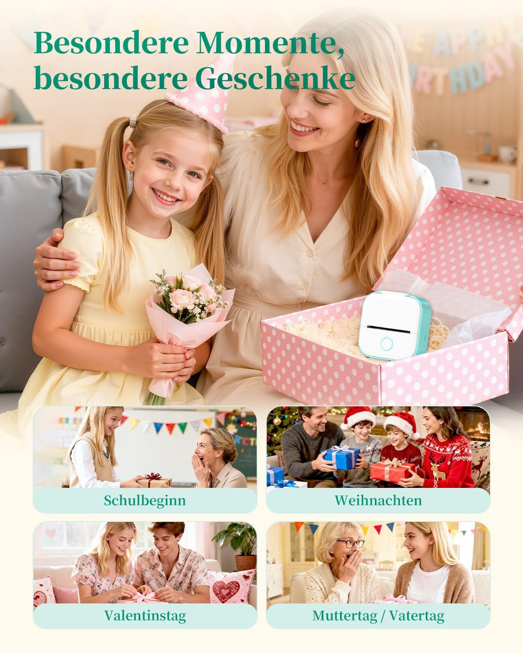 Memoking T02 Mini Etikettendrucker - Tragbarer Drucker mit 3 Rollen Papier, Aufkleberdrucker für Stu