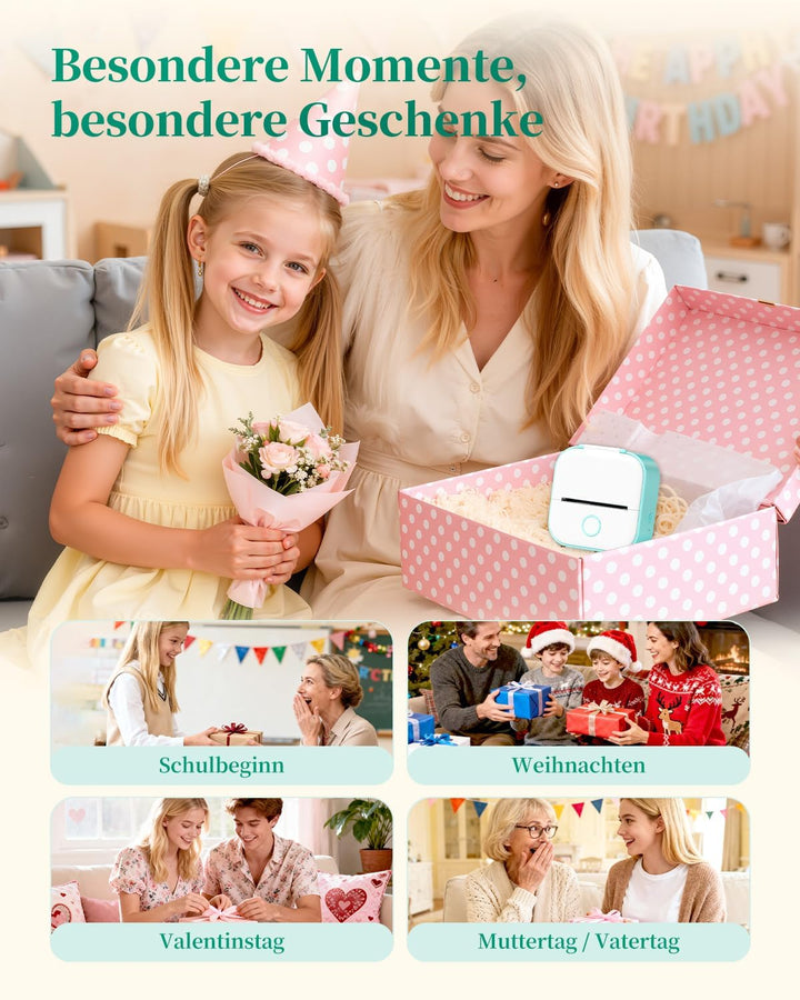 Memoking T02 Mini Etikettendrucker - Tragbarer Drucker mit 3 Rollen Papier, Aufkleberdrucker für Stu