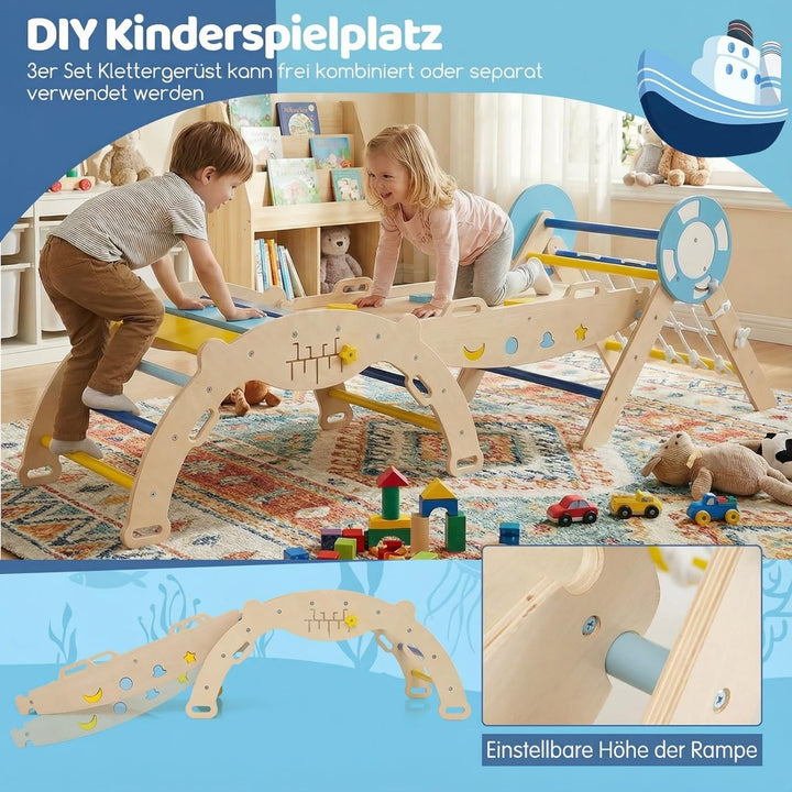 COSTWAY Klettergerüst Indoor 3er Set, klappabres Kletterdreieck mit Rutsche, Kletterbogen, Netz, ink