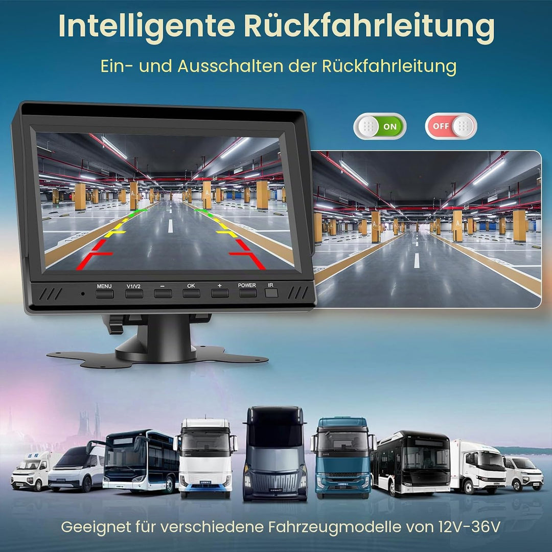 Hodozzy Rückfahrkamera Set mit 7 Zoll HD Monitor, 2 * Kameras Wasserdichtes Super Nachtsicht, Rückfa