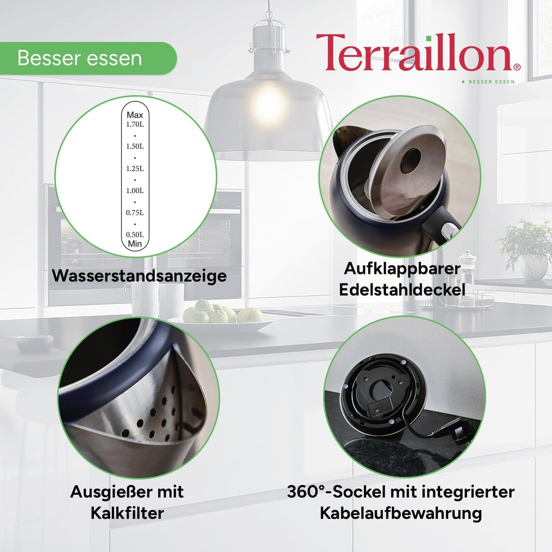 TERRAILLON New Moon Elektrischer Wasserkocher, 1,7 l, 2200 W, 360° drehbarer Sockel, automatische Ab