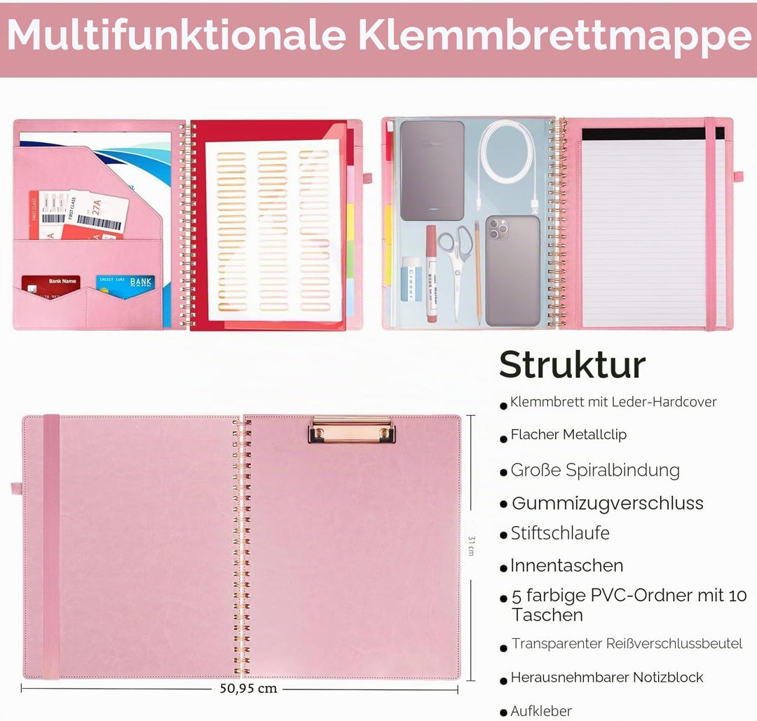 HAUTOCO PU-Leder Klemmbrett Folio mit Zip Beutel, Klemmbrettmappe A4 mit nachfüllbarem Notizblock, K