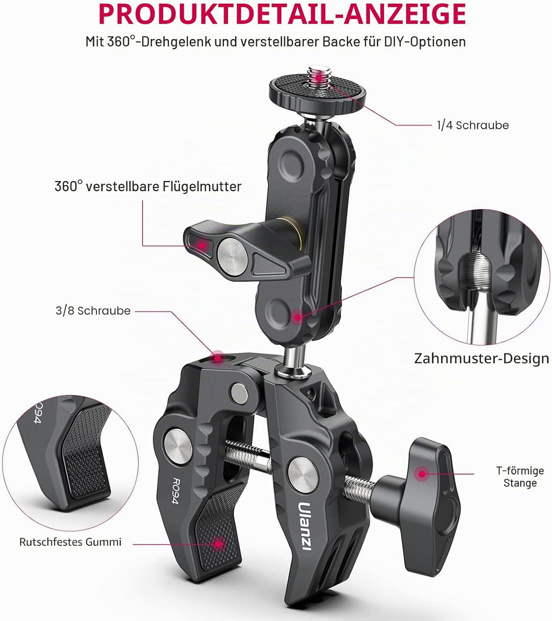 ULANZI R094 Klemmstativ Kamera, Magic Arm mit Super Clamp Crab und 360° Doppelkugelkopf mit 1/4" & 3