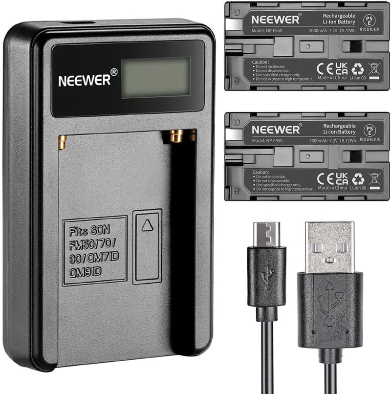 Neewer® Micro USB Akku-Ladegerät + 2er-Pack 2600 mAh NP-F550/570/530 Ersatzakkus für Sony HandyCams,