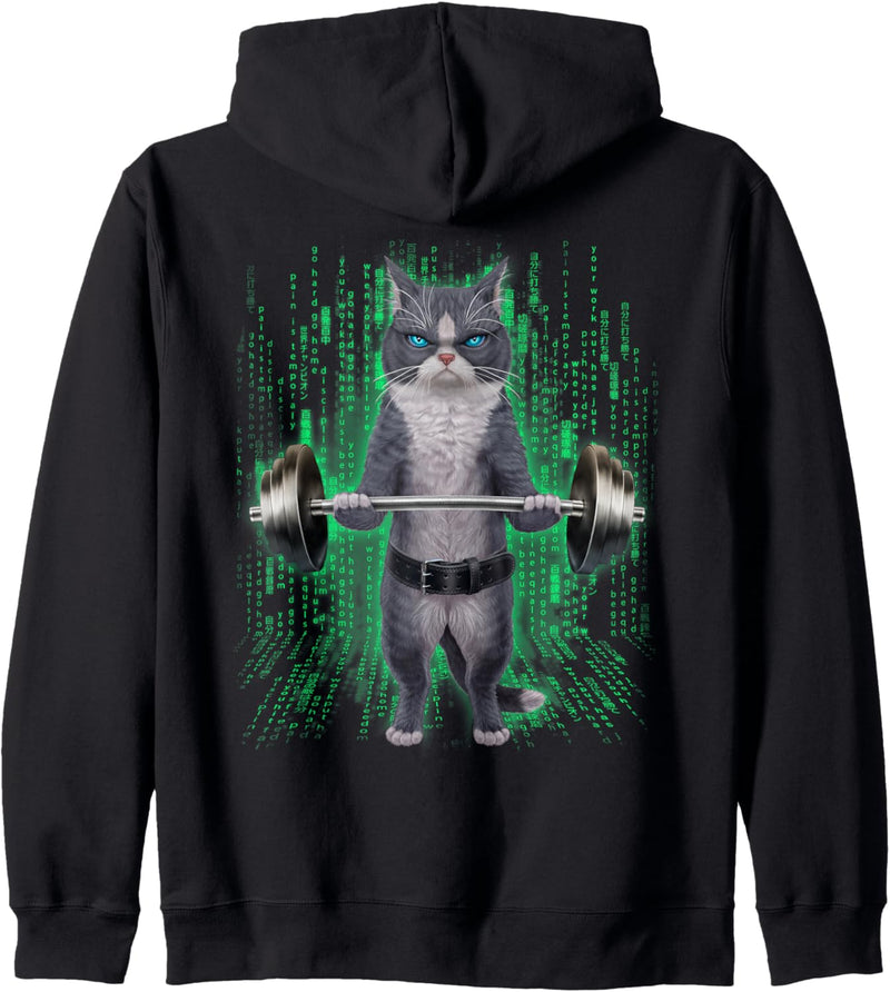 Bicolor Katze, die Gewichte im Cyber-Fitnessstudio hebt Kapuzenjacke