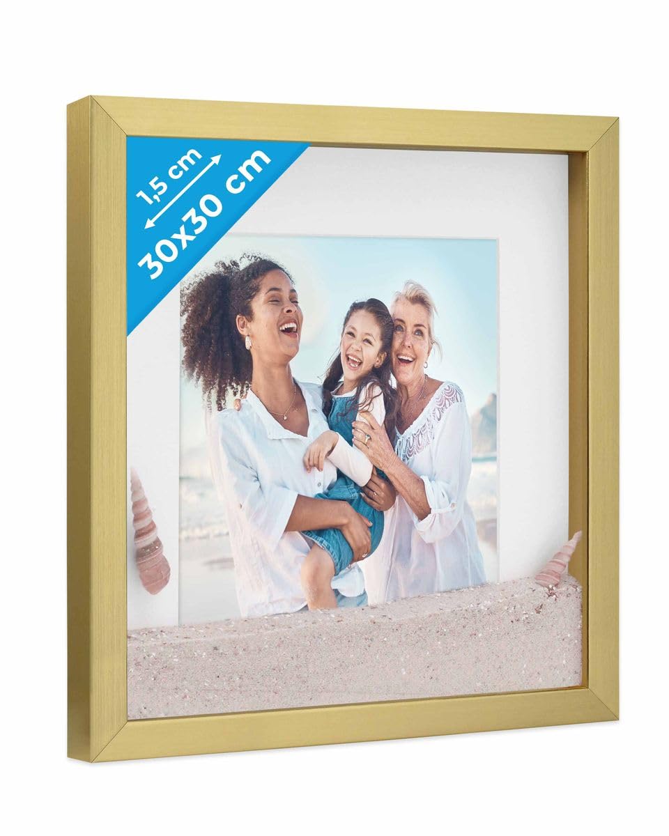 PHOTOLINI 3D Bilderrahmen zum Befüllen 30x30 Gold gross, 1,5 cm tiefer Objektrahmen mit Glas, tiefer