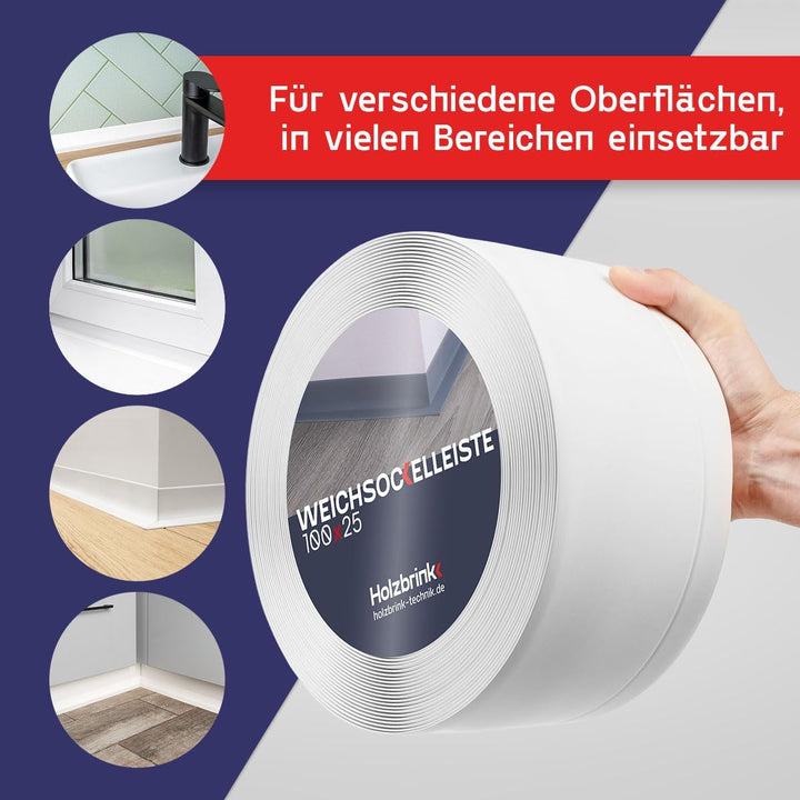 HOLZBRINK Weichsockelleiste Weiss Knickleiste ohne Klebestreifen, Material: PVC, 100x25mm, 20 Meter