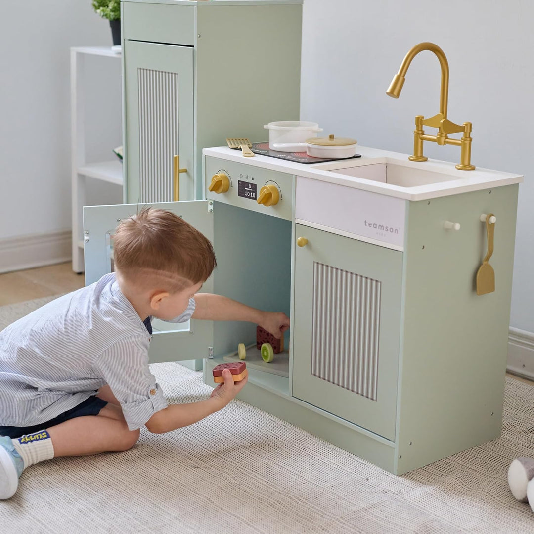 Teamson Kids Little Chef Chester Kinderküche in Grün mit Zubehör, Spielküche für Kinder aus Holz mit