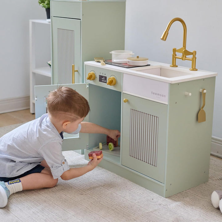 Teamson Kids Little Chef Chester Kinderküche in Grün mit Zubehör, Spielküche für Kinder aus Holz mit