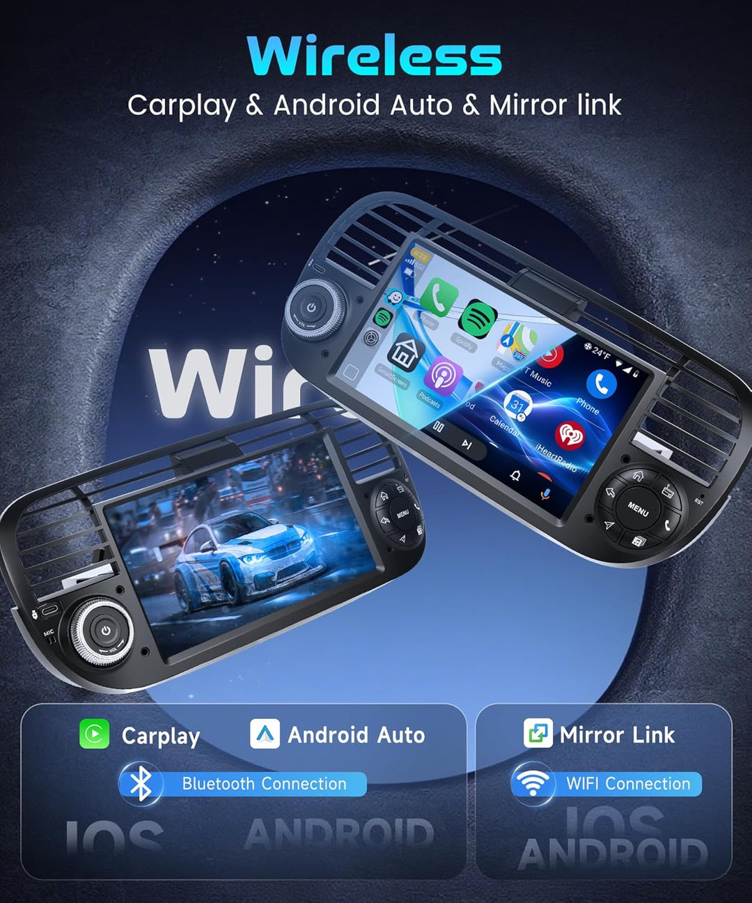 Rimoody 4G+128G Android Autoradio für FIAT 500 2007-2015, 7 Zoll IN-Cell HD Wireless Carplay Autorad