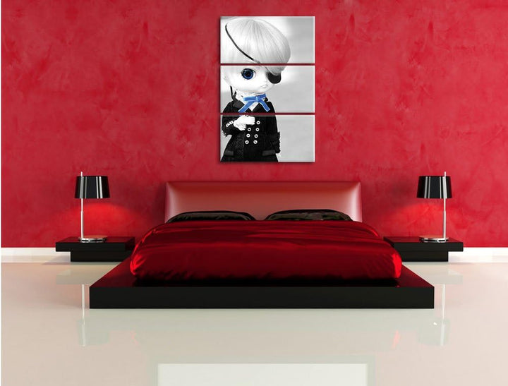 Pixxprint hübsche verwegene Pullip-Puppe mit Augenklappe schwarz/weiss 3-Teiler Leinwandbild 120x80