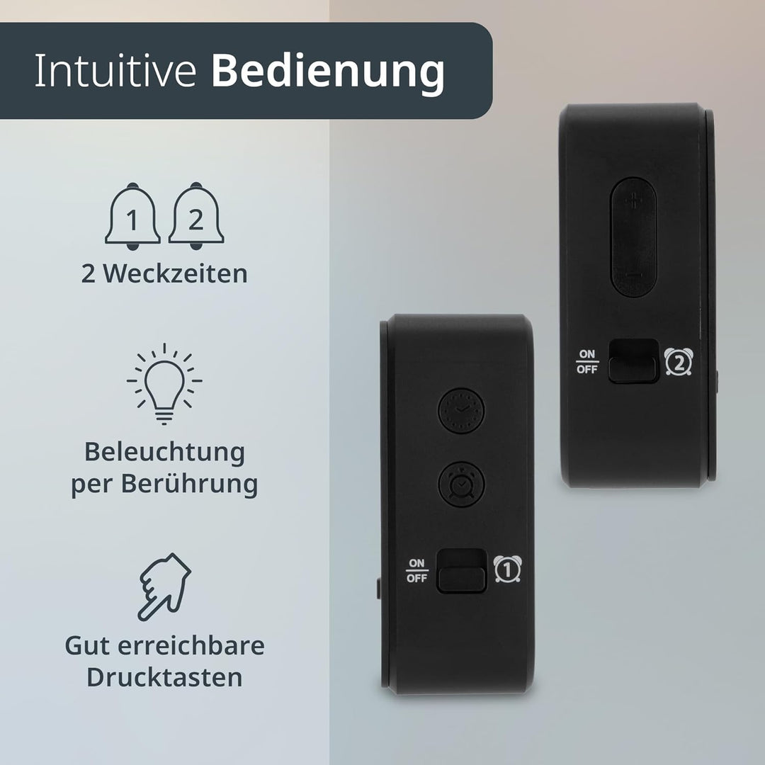 ADE Funkwecker digital mit Batterie | 2 Weckzeiten | Temperaturanzeige | Luftfeuchtigkeit | Reisewec