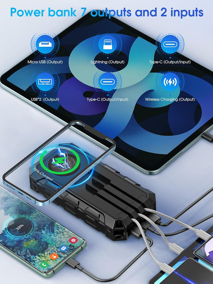 Solar Powerbank 26800mAh, 30W PD 3.0A USB C Power Bank Schnellladen mit 3 Kabeln, (2 USB & 1 Type-c)
