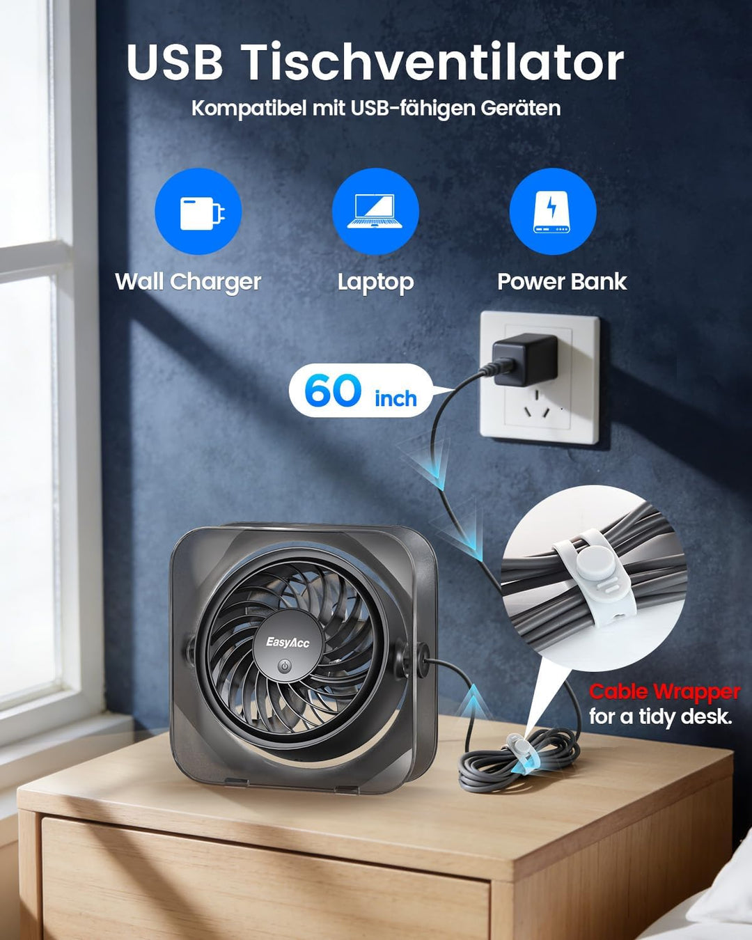 EasyAcc USB Ventilator, Mini Ventilator Leise USB Tischventilator,Starker Exquisit Lüfter und 3 Gesc