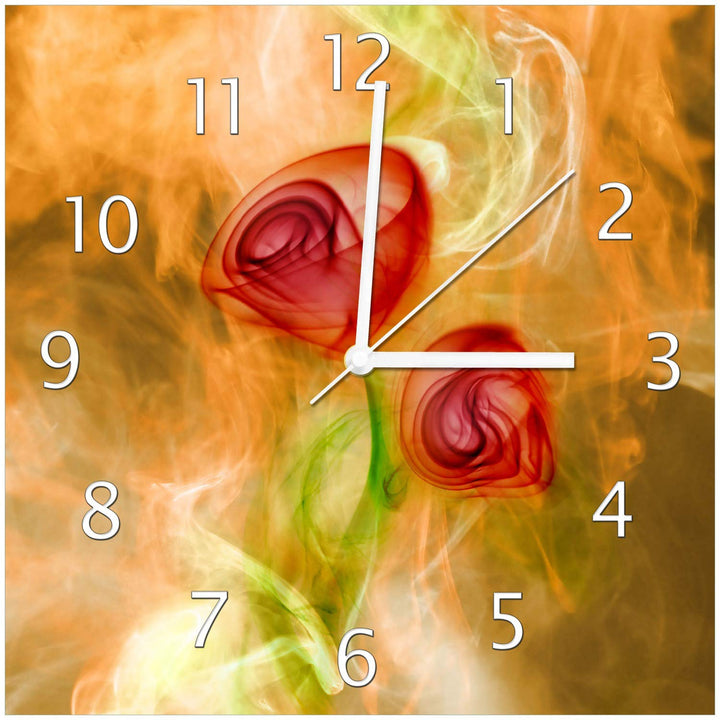 Wallario Design-Wanduhr Abstrakte Rosen aus Glas, Motiv-Uhr Grösse 30 x 30 cm, weisse Zeiger 30 x 30