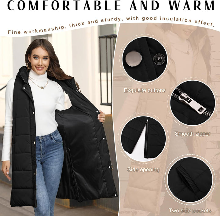 Yuson Girl Lange Jacke Weste für Damen Ärmellose Kapuzenweste Steppweste Damen Lang Winteroberbeklei