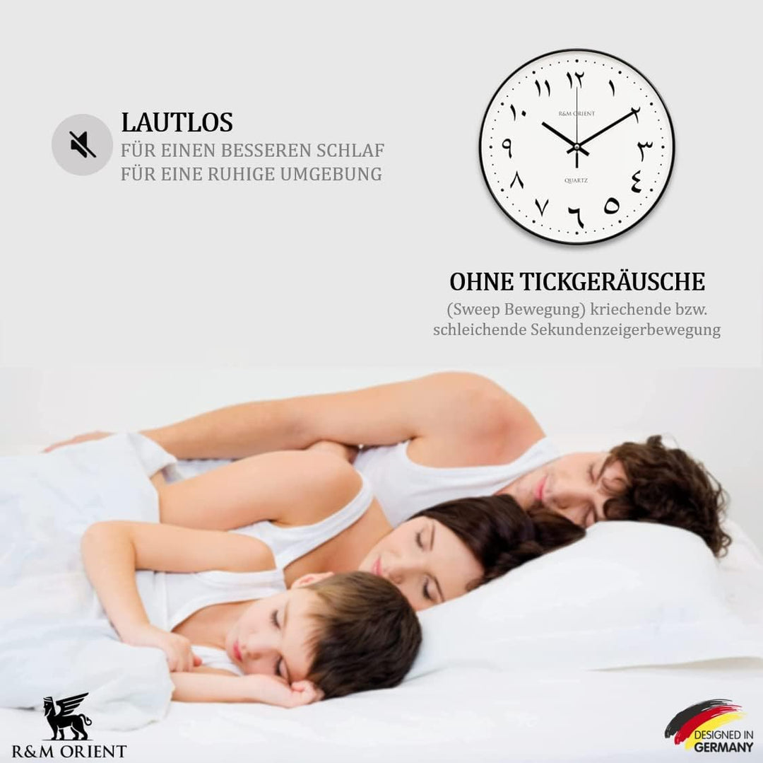 R&M ORIENT 30cm arabische Wanduhr Rund mit schleichendem Zeiger ohne Tickgeräusche, geräuschlosen Qu