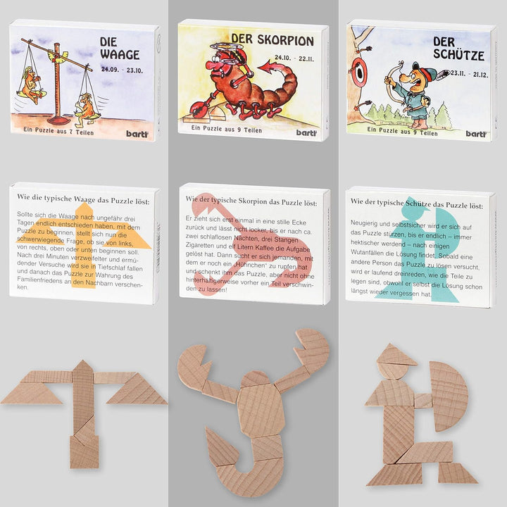 Bartl 500761 Knobelspiele aus Holz Puzzle-Set Sternzeichen (12 Puzzles), Sternzeichen
