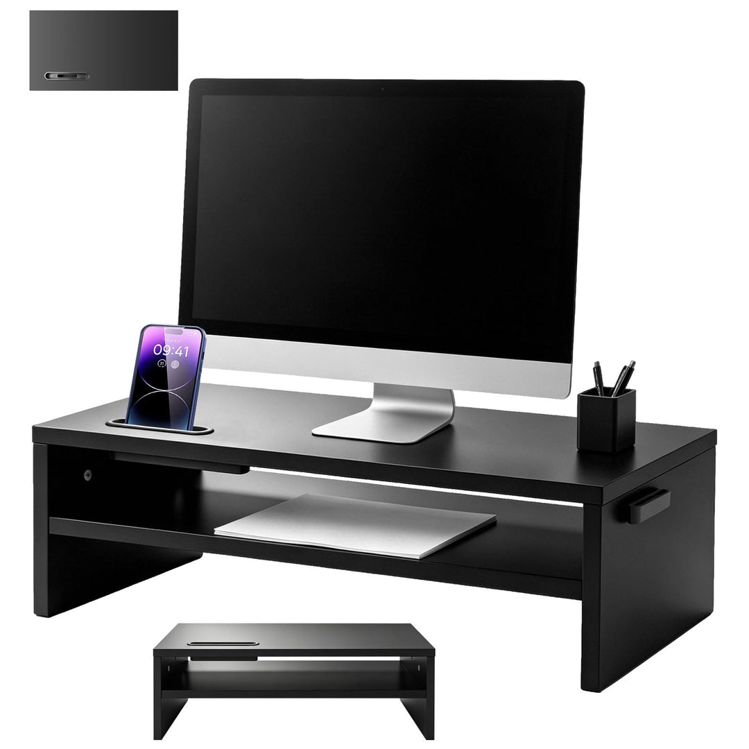 Lucn Monitorständer 2 Ebenen MDF Bildschirmunterbau mit Handyhalter, Kabelführung &amp; Tastaturauszug,