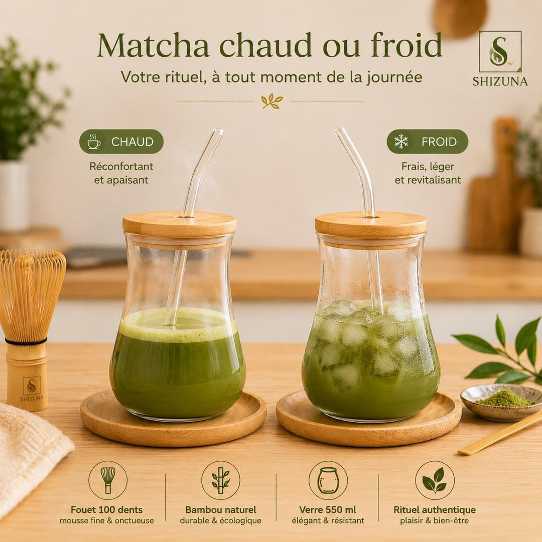 Matcha-Set aus Glas Matcha Latte, 550 ml, mit Deckel aus Bambus & Glasstrohhalm – Schneebesen aus na