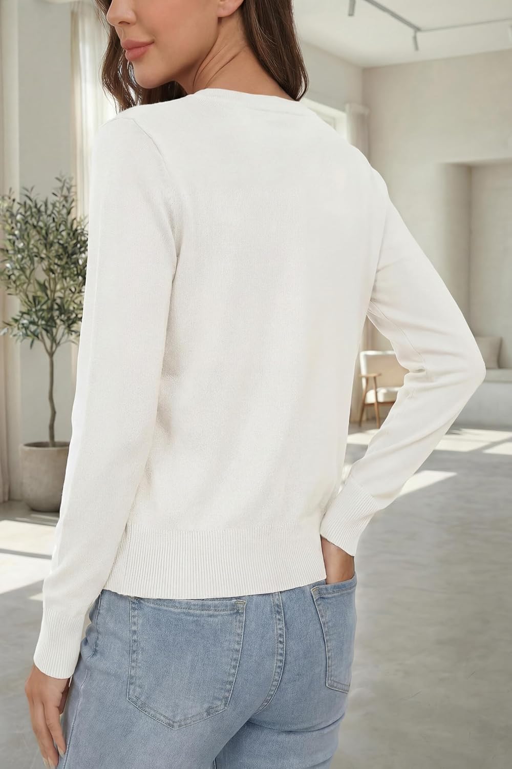 VOTEPRETTY Leichter Strickjacke Damen Cardigan Kurzarm/Langarm Sommer Solid Top Langarm S Beige, Lan