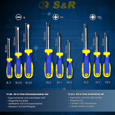 S&R Schraubendreher-Satz 16-tlg, magnetisch, Kreuz/Schlitz/Pozidriv, VDE-isoliert, Cr-Mo & S2-Werkze