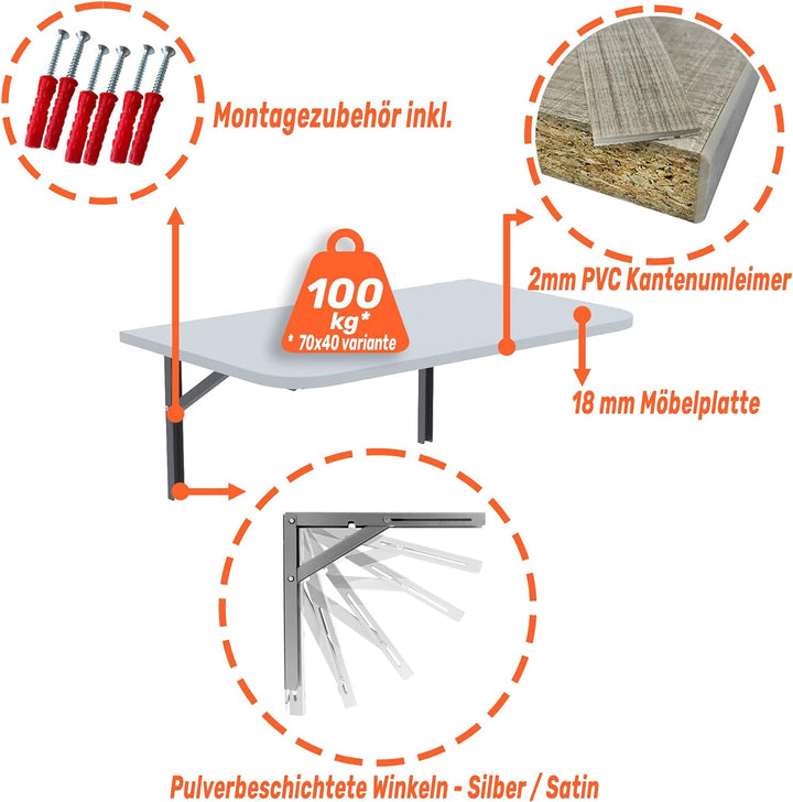 mikon Wandklapptisch mit Abgerundeten Ecken Klapptisch Esstisch Wandtisch Küchentisch Schreibtisch K