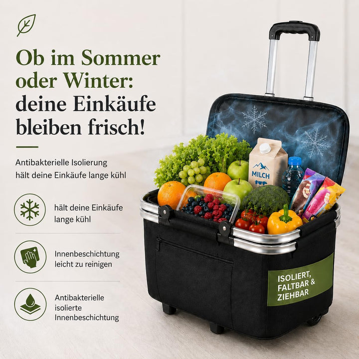 Balivia Einkaufskorb mit Rollen, faltbar & isoliert 35 L Volumen Einkaufstrolley Thermo für Einkauf,