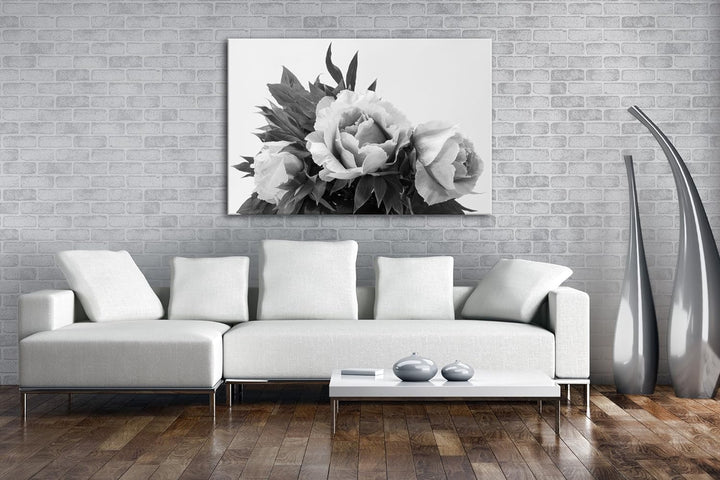 deyoli schöner Blumenstrauss mit Pfingstrosen Effekt: Schwarz/Weiss im Format: 60x40 als Leinwandbil