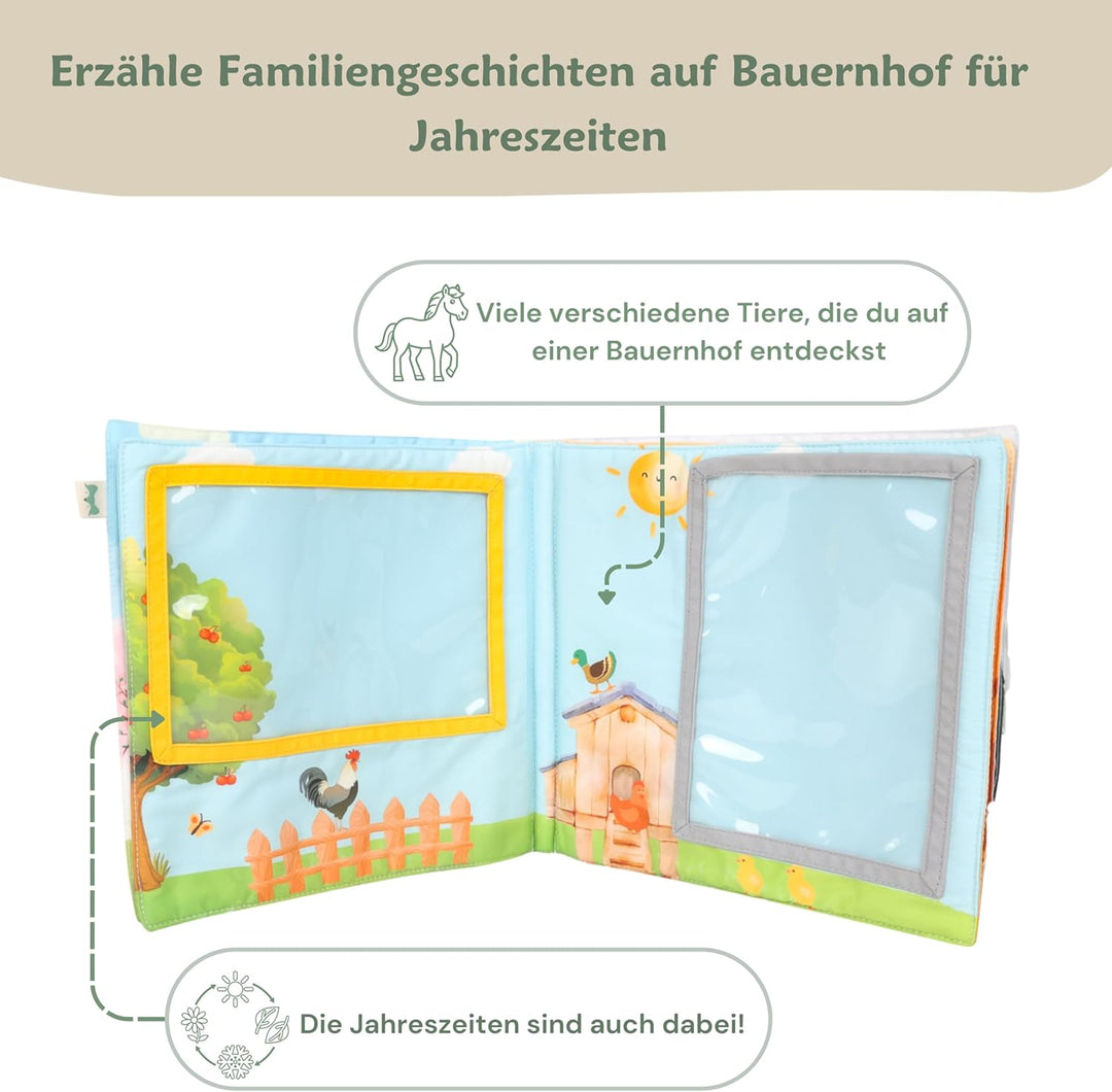 Fotoalbum Baby Kinder Fotobuch aus Bio-Baumwolle Bauernhof I mit Beissring und Anhänger als Erinneru