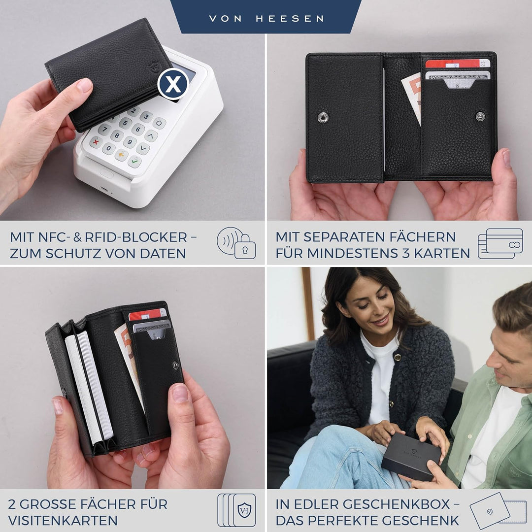 VON HEESEN® Visitenkartenetui Leder mit RFID-Schutz - Platz für 50 Visitenkarten - 6 Fächer - Visite