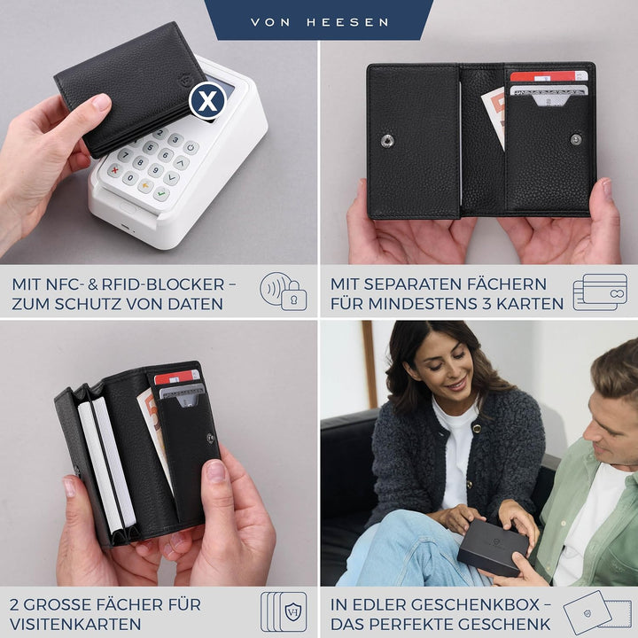 VON HEESEN® Visitenkartenetui Leder mit RFID-Schutz - Platz für 50 Visitenkarten - 6 Fächer - Visite