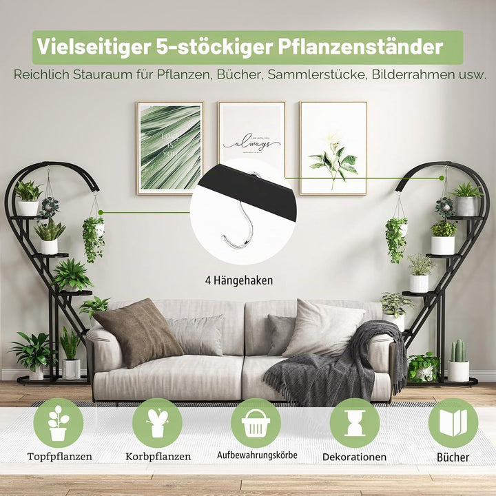HOMASIS 5 Etagen Metall Pflanzenständer herzförmig, mehrstöckig Blumenständer mit Haken, Blumentopfs