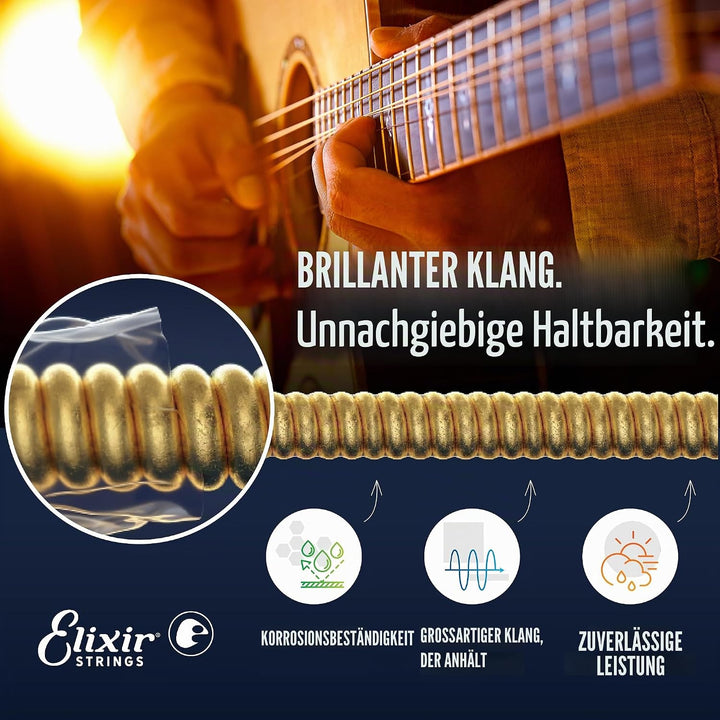 Elixir® 16052 Saiten Phosphor Bronze Akustik-Gitarrensaiten mit NANOWEB® Beschichtung, Light (.012-.