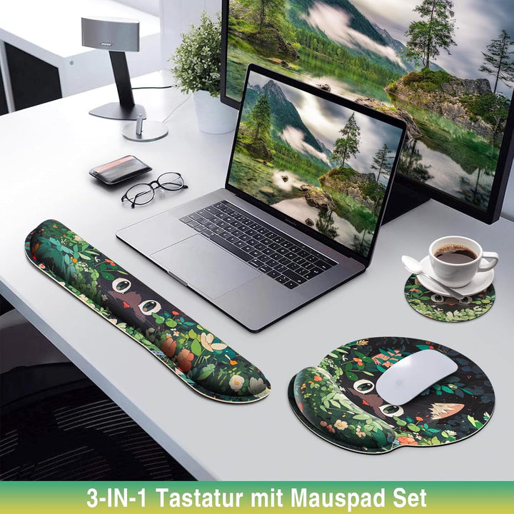Mousepad 3-in-1 Handballenauflage Set, Ergonomisches Mauspads Handballenauflage Tastatur +Tasse Pad