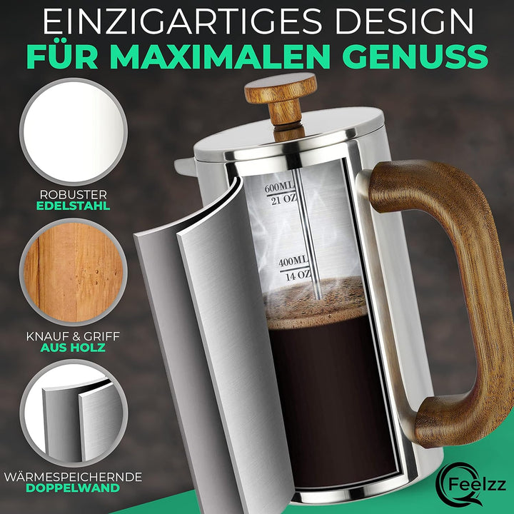 QFeelzz French Press – Edelstahl Kaffeebereiter mit Holzelementen – Thermo Kaffeepresse [Silber-Desi