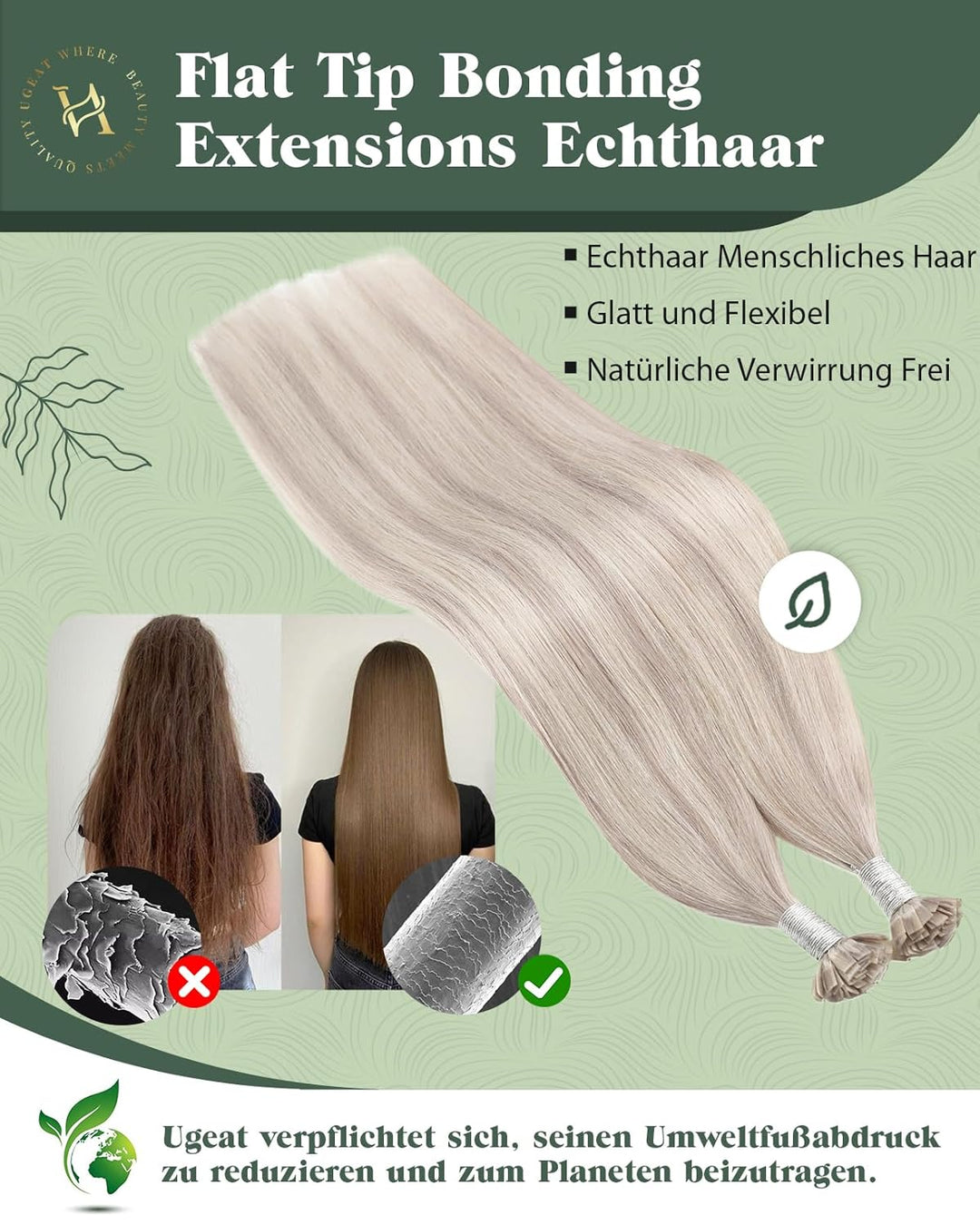 Ugeat Flat Tip Extensions Echthaar Keratin Haarverlängerung 50cm Schwarz Extensions Echthaar Bonding