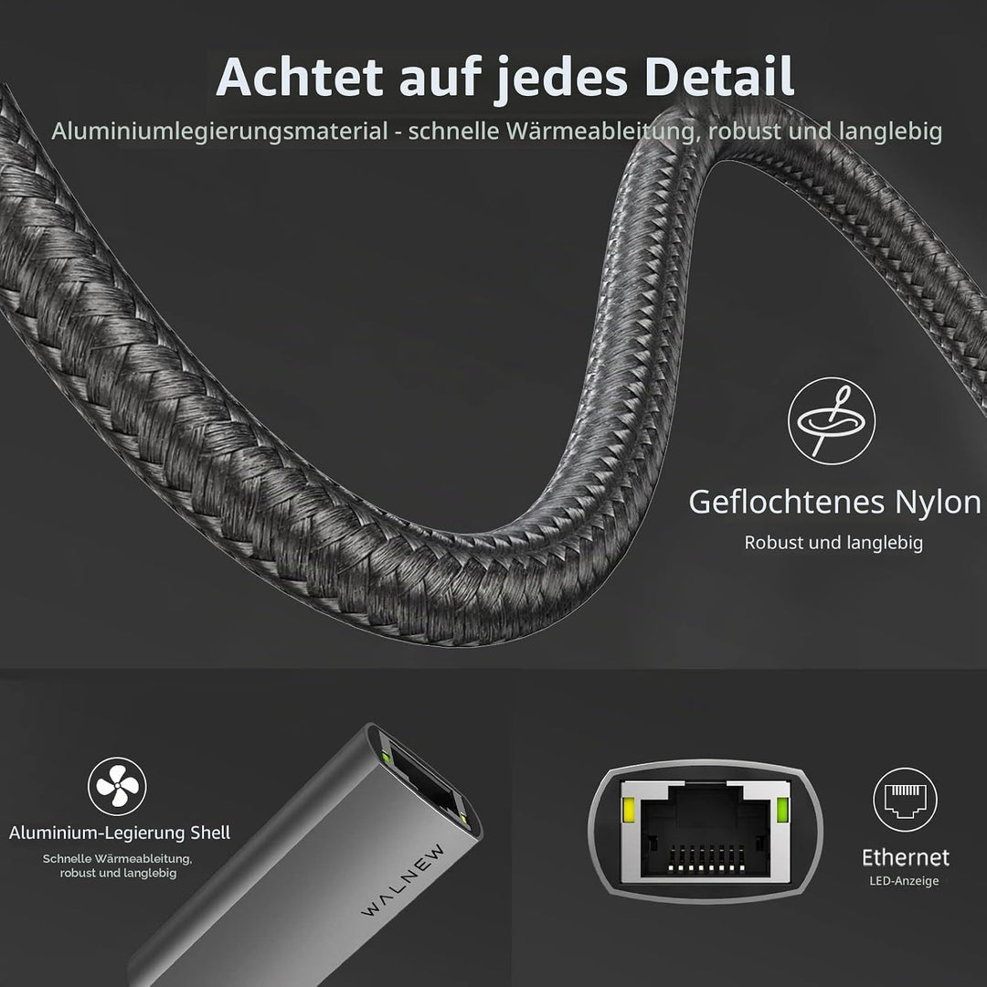 USB C auf Ethernet Adapter, WALNEW Typ C auf RJ45 Gigabit Ethernet Adapter, USB-C Thunderbolt 3 auf