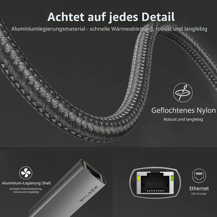 USB C auf Ethernet Adapter, WALNEW Typ C auf RJ45 Gigabit Ethernet Adapter, USB-C Thunderbolt 3 auf