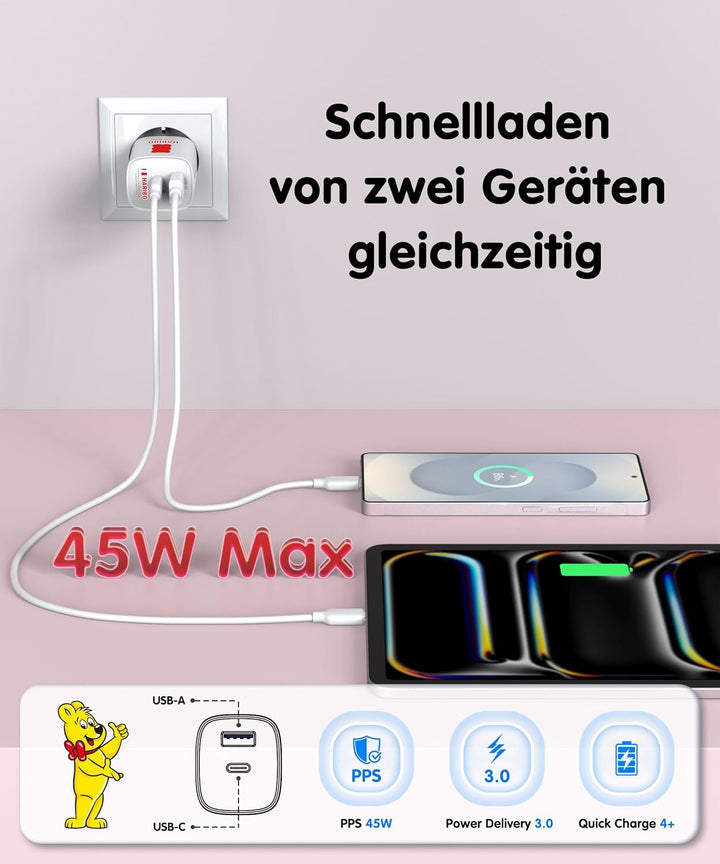 Haribo 45W USB C Ladegerät, 2-Port Schnellladegerät PPS USBC Netzteil GaN Charger für Samsung Galaxy