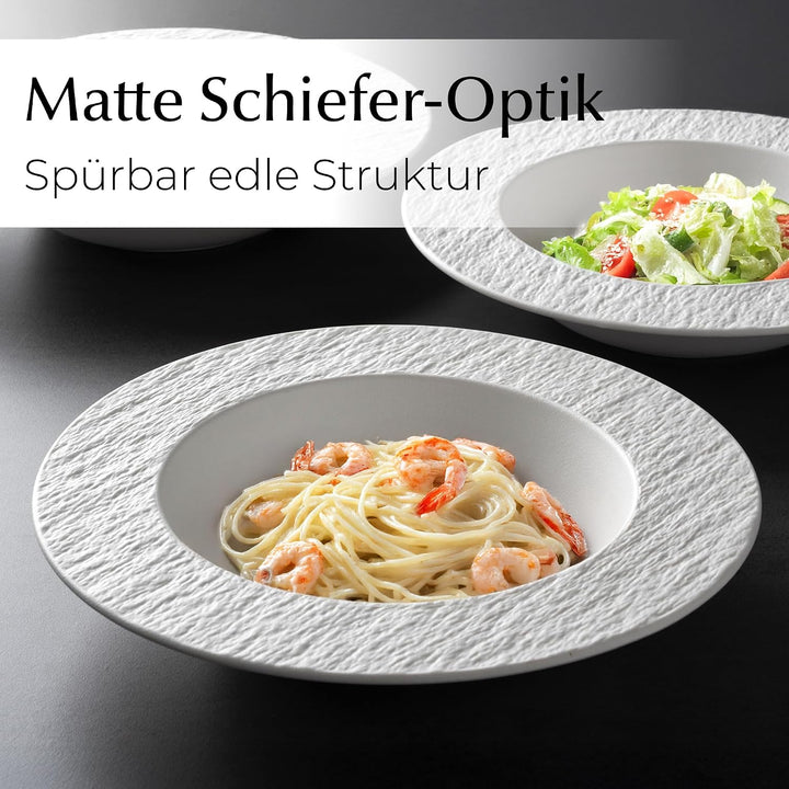 MIAMIO - Suppenteller Set/Pastateller, Keramik (650ml) - Oasis (Weiss) | Keramik Suppenteller Set, 4