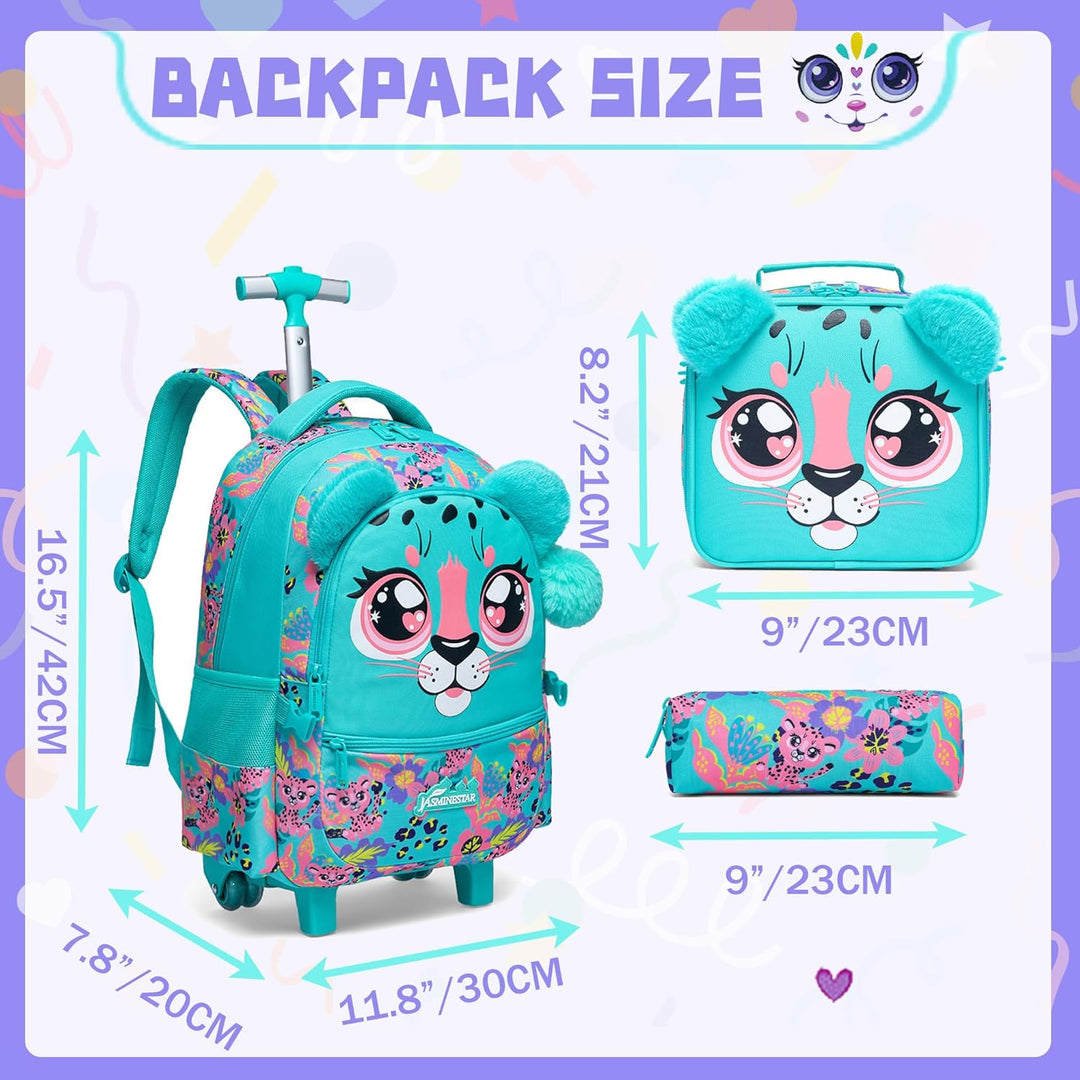 HTgroce Rucksack mit Rollen Schulranzen Trolley Mädchen 4. klasse A-grün Leopard, A-grün Leopard