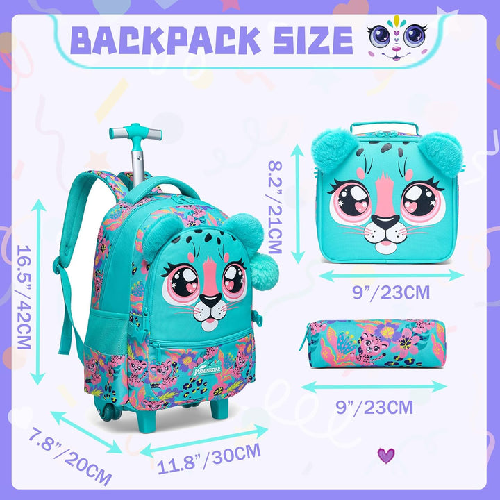 HTgroce Rucksack mit Rollen Schulranzen Trolley Mädchen 4. klasse A-grün Leopard, A-grün Leopard
