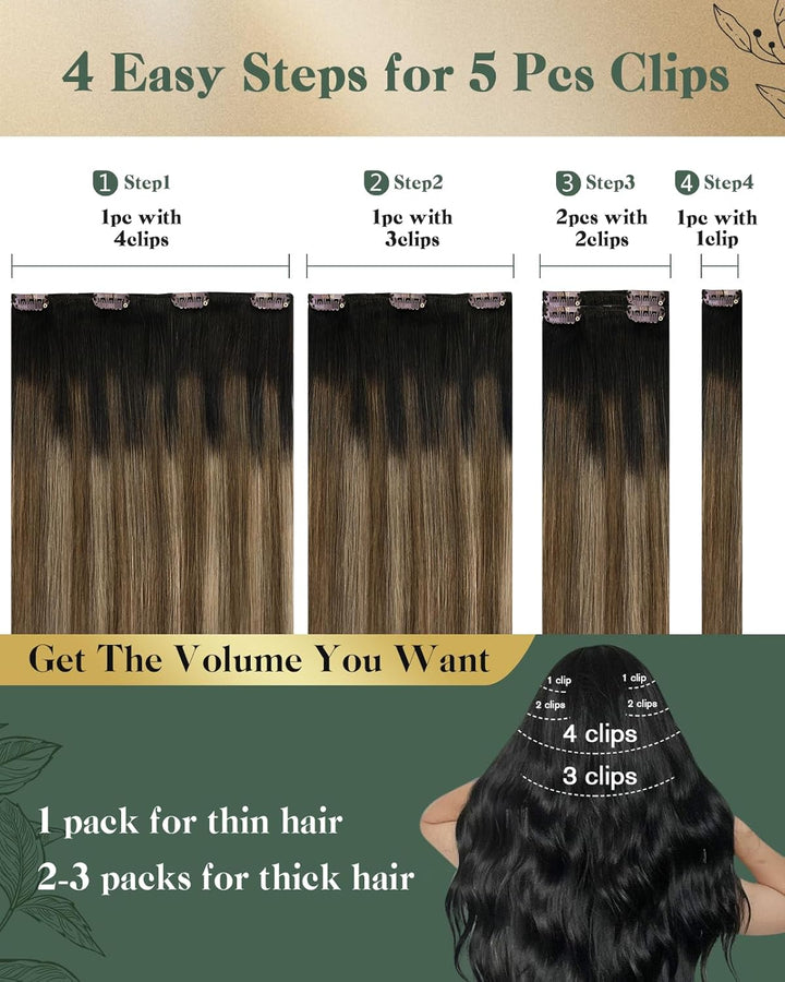 Ugeat Clip in Extensions Echthaar Balayage Braun Glatt Clip in Haarverlängerung Mittelbraun Balayage