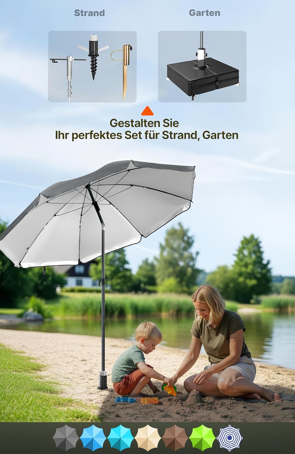 4smile Sonnenschirm-Set für Strand, Balkon und Garten, Anthrazit - UPF 50+ Balkonschirm SunnyJoy, Ø